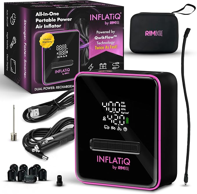 INFLATiQ by RIMiQ Tire Inflator Pink - Powerful, Award-Winning QWIKFLOW Technology with 2 Portable Power Options Included - Strong Vehicle Air Pump for Trucks, Cars, Motorcycles, Bicycles, Balls