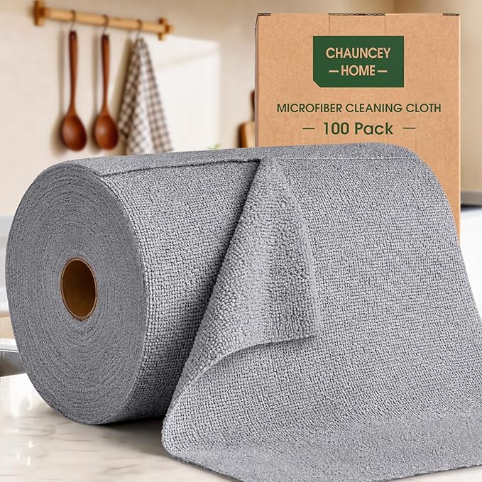 Microfiber Cleaning Cloth Roll - 100 Pack Tear Away Microfiber Paper Towels, Reusable, Washable, Scratch-Free, Kitchen Towels for Car, Home, Kitchen, Glass, Dishes(Cloud Gray)