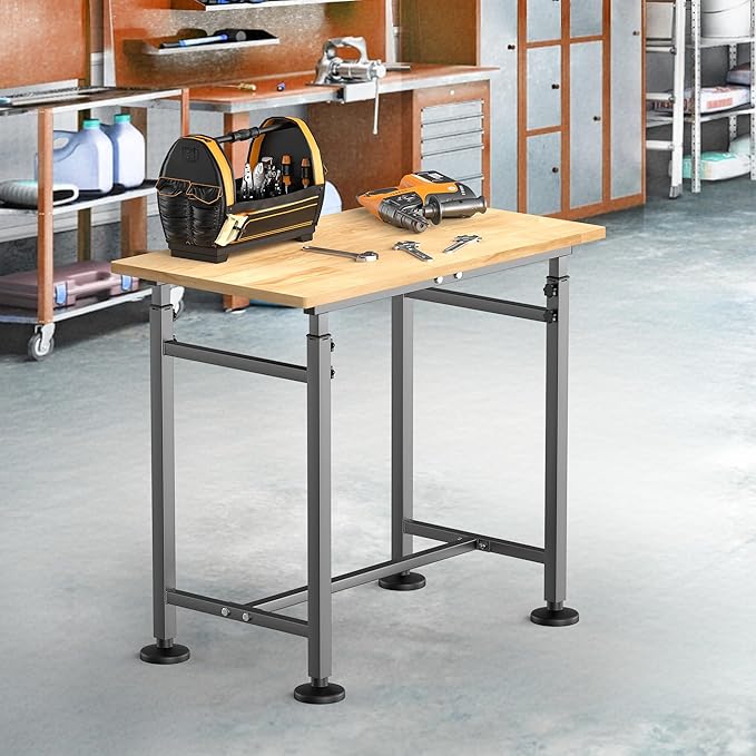 TORACK Adjustable Workbench with Rubberwood Top, 32" x 18" Heavy-Duty Garage Work Table, Height Adjustable 28"–38", Supports Up to 1500 lbs