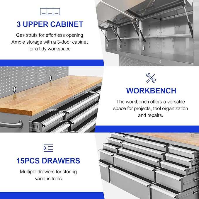72-Inch Stainless Steel Rolling Tool Box with 15 Drawers & 3 Upper Cabinets, Heavy-Duty Mobile Garage Workbench, Lockable Large Tool Chest Storage Cabinet with Wheels and Pegboard for Workshop