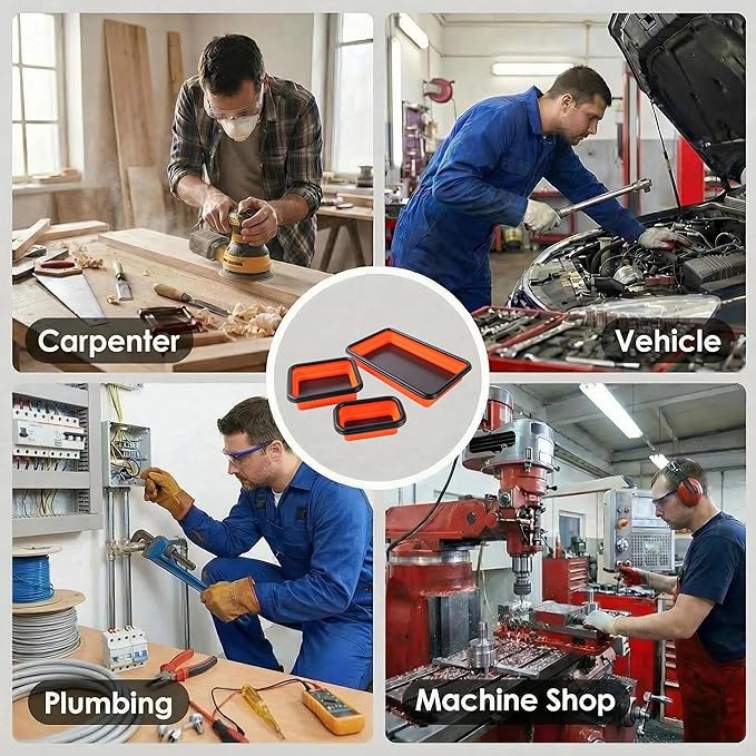 Collapsible Magnetic Parts Tray Set of 3 Different Size, Red Foldable Silicone Tool Trays for Screws, Bolts, Nuts and Other Small Metal Parts (Orange)