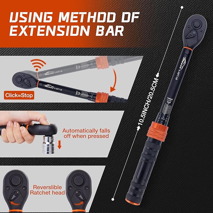 3/8-Inch Drive Torque Wrench, 5–45 Ft-Lb (6.8–61 Nm), ±3% Accuracy, 72-Tooth Dual-Direction Mini Torque Wrench with Reversible Head, Quick Release, Dual Scale for Bike (3/8-Inch, 5-45 FT.LB)