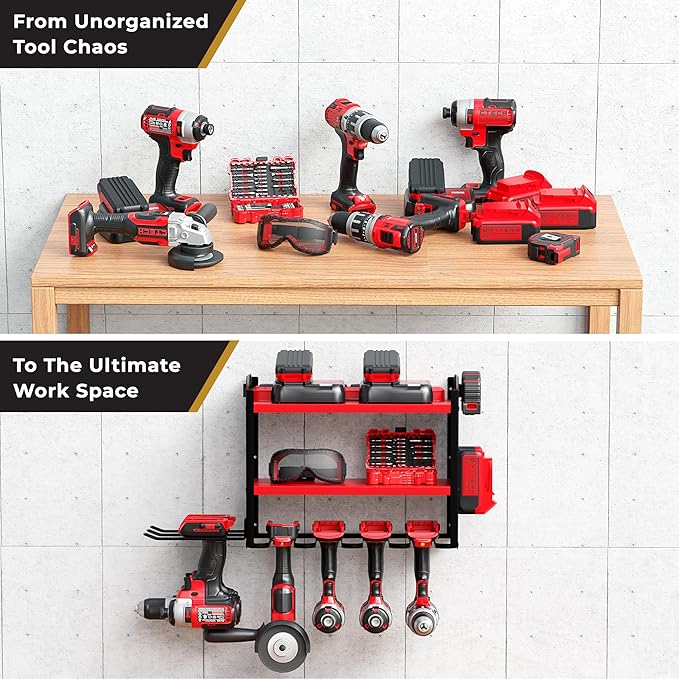 BUILTSTRONG Power Tool Organizer-6 Drill Holder Wall Mount, 3 Tier Heavy-Duty Hand Tool Storage Rack, Utility Racks, Drill Holder, 2 Pegboard Sides - Garage Storage Cordless Tool Organizer (Red)