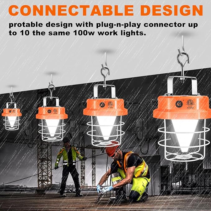 NS 100W Led Temporary Work Light 15000LM Construction Lights 5000K Daylight White Portable Hanging Work Lights for Outdoor Indoor Garage Shop High Bay Warehouse Lighting