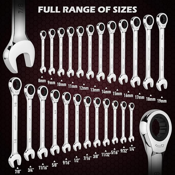 Premium 24-Piece Ratcheting Wrench Set, SAE & Metric Combination Wrenches, 8-19mm / 1/4"-7/8", 72-Tooth Ratchet Spanners, Chrome Vanadium Steel with Roll-Up Pouch for Mechanics