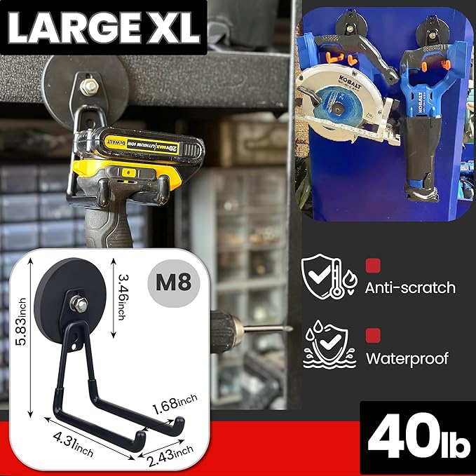 ULIBERMAGNET Heavy Duty Magnetic Garage Hooks Kit,12 Pack Strong Large Magnet Hook for Power Drill,Garden Tools,Hose,Pegboard,Garage, Workshop,Magnetic Storage Hooks for Indoor Outdoor Hanging(Black)