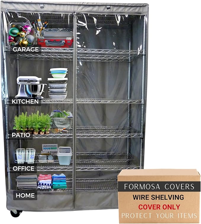 Formosa Covers Premium Clear Front Wire Shelf Cover Grey - Heavy-Duty Storage Solution Wire Rack Cover (48”Wx24”Dx72”H) - Waterproof PVC, Water/Dust Resistant Fabric, Multi Zipper (No Shelf)