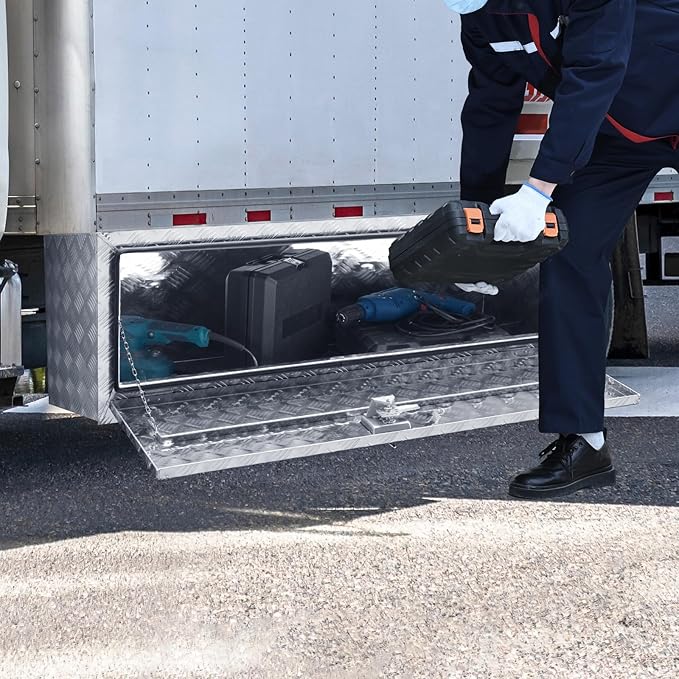 VEVOR Underbody Truck Box, 60"×24"×24" Pickup Storage Box, Heavy Duty Aluminum Diamond Plate Tool Box with Lock and Keys, Waterproof Trailer Storage Box with T-Handle Latch for Truck, Van, Trailer