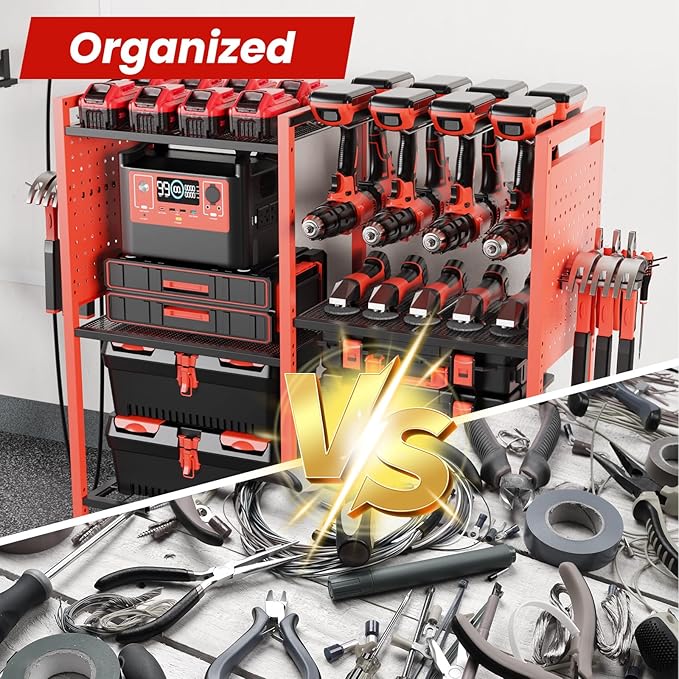Heavy-Duty Power Tools Organizer Cart with Charging Power Strip, 6-Tier Rolling Utility Cart with 8 Hooks and 6 Load-Bearing Wheels, Garage Tool Storage Rack for Workshop for Men