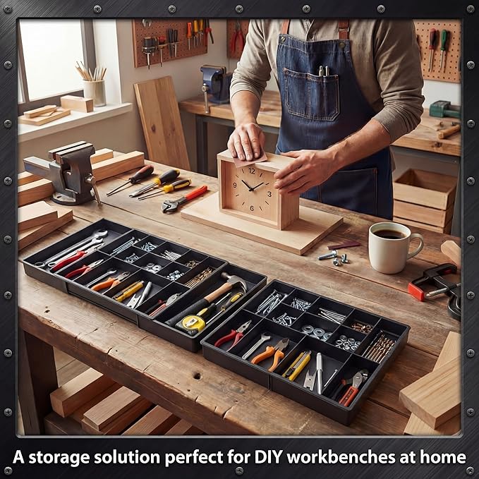 2 Pack Tool Box Organizer Tray Divider, Expandable Desk Drawer Organizer with 12+2 Compartments, 12-20.5 Inch Large Toolbox Storage Tray, Toolbox for Rolling Tool Chest Cart Workbench