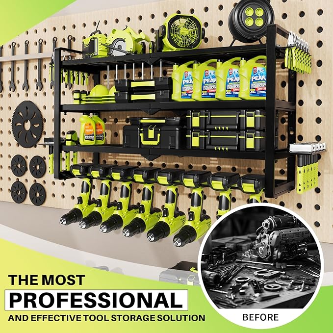 Hipidian Power Tool Organizer Wall Mount - Storage Rack with 4 Drill Holders for Drills Cordless Tools. Heavy Duty Iron Garage Tool Organizer Storage for Workshop Shed (8 Slots 4 Layers 4)