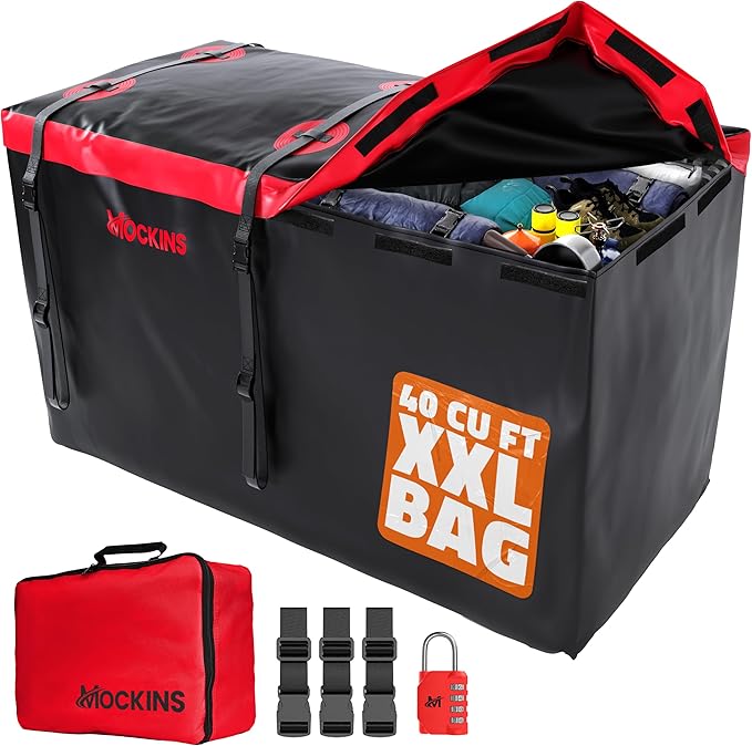 Mockins 40 CuFt XXL Trailer Hitch Cargo Carrier Bag | 70"x30"x33" Heavy Duty Vinyl Cargo Bag for Hitch Carrier | Versatile Waterproof Truck Bed Storage | Vehicle Soft-Shell Carriers with Accessories