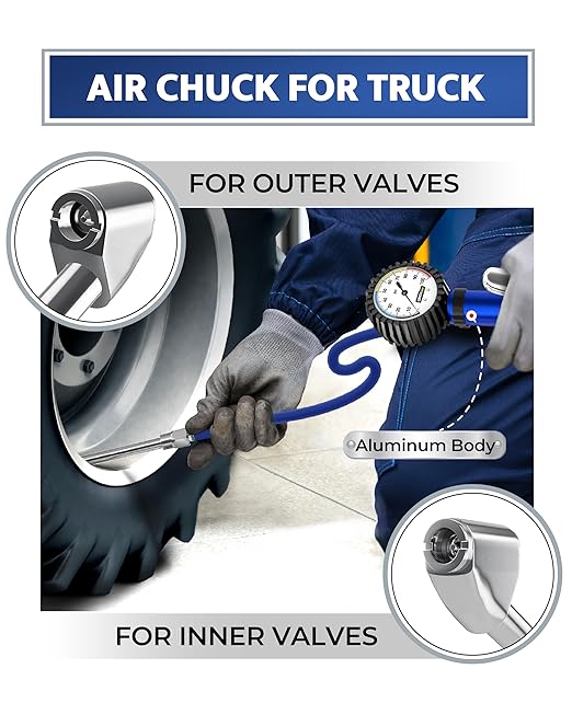 GERCHWAY Tire Inflator with Pressure Gauge and Longer Hose - Most Accurate, Heavy Duty Air Chuck with Gauge for Air Compressor Tire Inflator Attachment - 100PSI