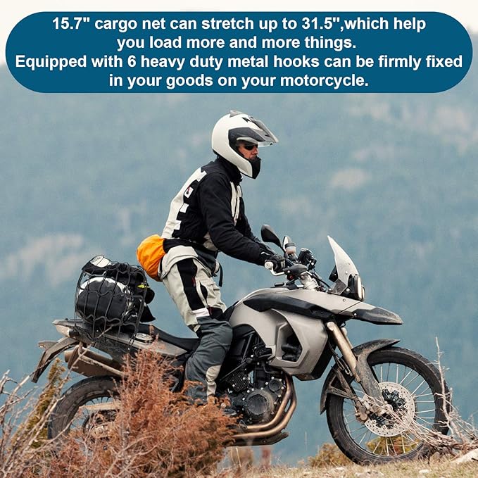 15.7"x15.7" 2Pack Bungee Cargo net Motorcycle, Made of Latex Heavy Duty Bungee Net Stretches to 33"x33", Luggage Thicken Netting with3 x3 Small Mesh&6 Adjustable Metal Hooks for Motorcycle, Bike, ATV