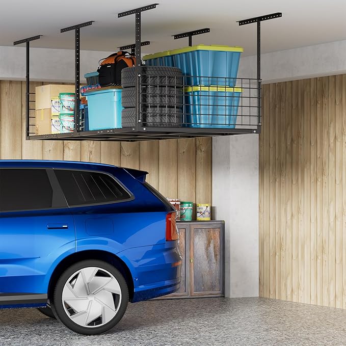 Soywey 4x8FT Overhead Garage Storage Rack,Garage Shelving Storage Organizer System with Side Guardrails,Heavy-Duty Metal Ceiling Racks,Load 700LBS Weight