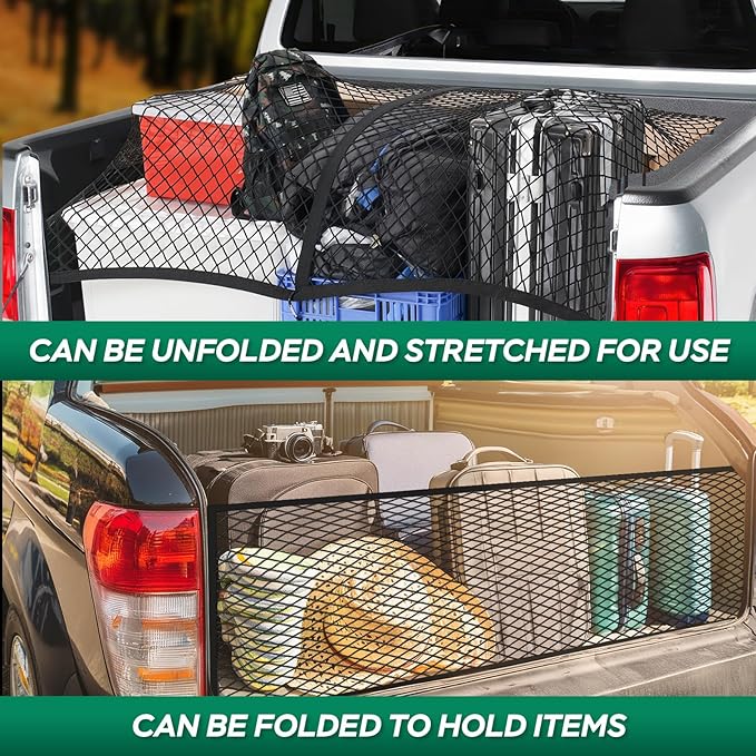 Heavy Duty Cargo Net for Pickup Truck Bed - 4' x 4' Stretches to 8' x 8' - Sturdy Latex Bungee Net Mesh - Truck Bed Accessories for Dodge RAM, Ford, Chevy, Toyota
