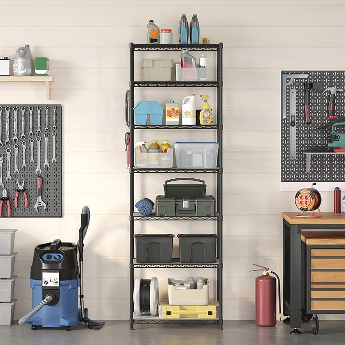 SONGMICS 7-Tier Storage Shelves, Wire Shelving Unit, Kitchen Metal Shelves, Storage Rack with Adjustable Shelves, Shelf Liners, 8 Hooks, for Garage, 13.4 x 23.2 x 70.9 Inches, Black ULGR067B01