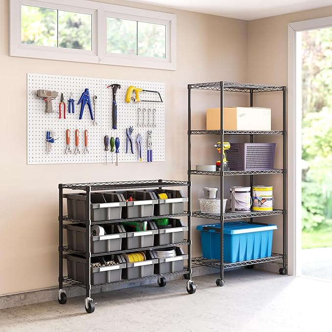 Seville Classics Heavy Duty NSF Bin Rack Solid Steel Wire Shelving Storage Unit, Patented Organizer for Garage, Warehouse, Office, Restaurant, Classroom, Kitchen, Graphite, 4-Tier includes 9 Bins