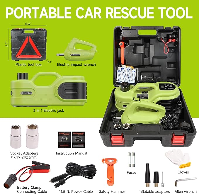Electric Car Jack Kit 5T 12V Hydraulic Tire Jack with Double Cylinder Air Pump & LCD Touch Screen & Impact Wrench Portable Car Lift for Tire Changes and Roadside Emergencies