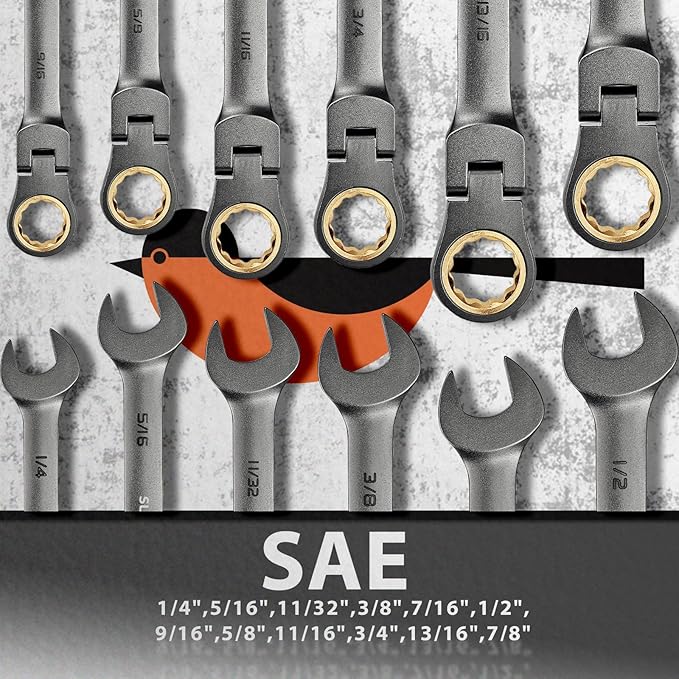 SUZUME 12-Piece (1/4”-7/8”) Flex Head Ratcheting Wrench Set 72 Teeth Sae Ratcheting Wrench Set Black Nickel Coating Ratchet Wrenches Set with 180° Flex Head For Bicycles, Cars,Motorcycle