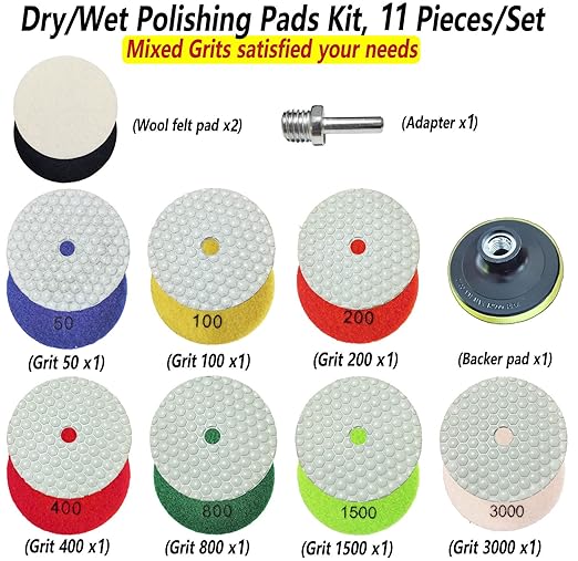 4 Inch Dry Diamond Polishing Pads, 11PCS Wet/Dry Granite Stone Buffing Pad Kit for Marble Concrete Quartz Tiles - High Temperature Resistance Sand Pad for Drill Grinder Polisher