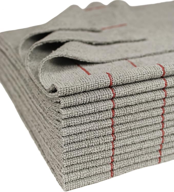 CleanAide Silver-Embedded Microfiber Towels, Edgeless, Lint-Free, Odor-Resistant, Ultra Absorbent, Streak-Free Cleaning for Auto, Home, Kitchen, Glass & Electronics, 16x16 in, 12-Pack, Red Stripes