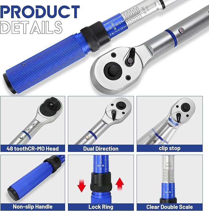 3/4-Inch Drive Click Torque Wrench, Dual-Direction Click Professional Torque Wrench 100-600FT.LB/135-815N.M, Dual Range Scales Graduated in FT.LB and N.M