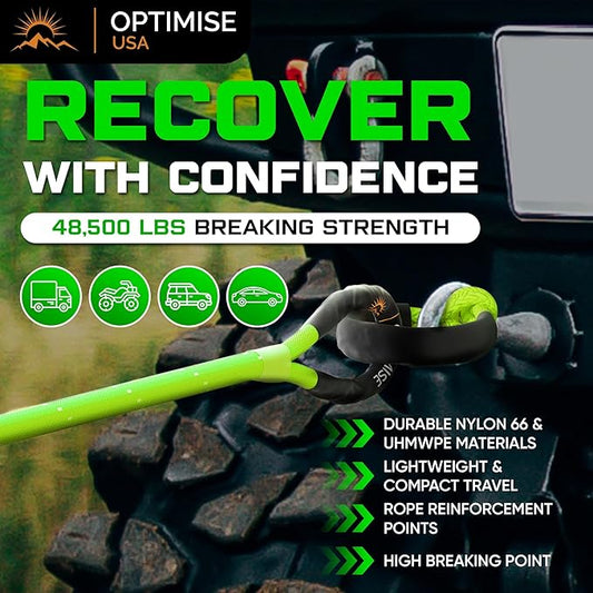 1" x30ft Kinetic Recovery Rope (48,500lbs) – Heavy Duty Recovery Kit with Tow Strap, 2 Soft Shackles (7/16"x22"), Off-Road Shovel & Carry Bag – Ideal for Trucks, SUVs, ATVs, UTVs