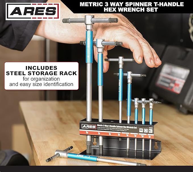 ARES 44001 – 8-Piece Metric T-Handle Hex Key Set – 3-Way Spinner Wrenches with Sliding Handle – 2mm to 10mm