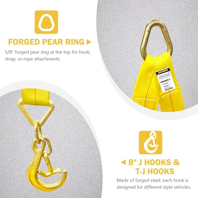 Tow Straps V Bridle, 3" x 36" Recovery V-Strap with 8" J Hooks and T-J Hooks, 5400LBS J Hook and Mini Datsun Recovery Bridle, Recovery Tow Car Strap Hook for Wrecker, Rollback, Car Haul