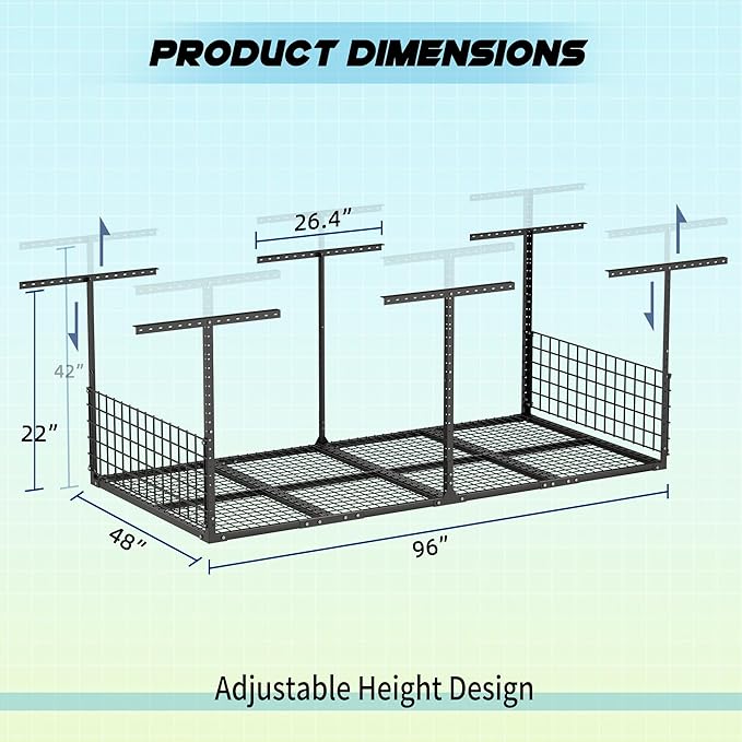 Soywey 4x8FT Overhead Garage Storage Rack,Garage Shelving Storage Organizer System with Side Guardrails,Heavy-Duty Metal Ceiling Racks,Load 700LBS Weight