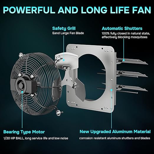 Simple Deluxe 14 Inch Wall Mounted Shutter Aluminum Exhaust Fan with Speed Controller and Power Cord Kit, 1600 RPM, 1000 CFM, for Attic, Garage, Louvered Vent, Plant, Greenhouse, Silver