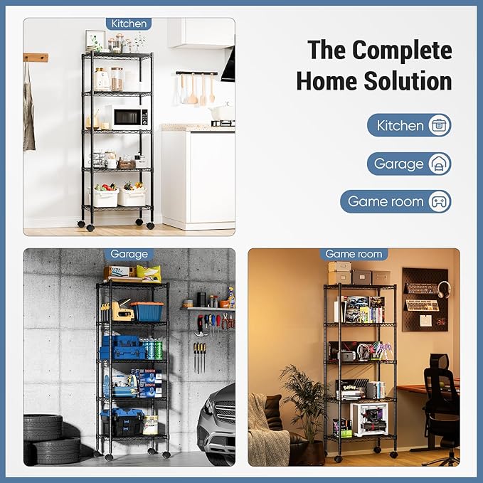 DUMOS 2 Pack 3Tier 5Tier Metal Shelving, Heavy Duty Shelves Wire Shelving Unit with Removable Wheel Casters, Shelves Organizer for Bathroom Garage Living Room Kitchen Pantry Laundry