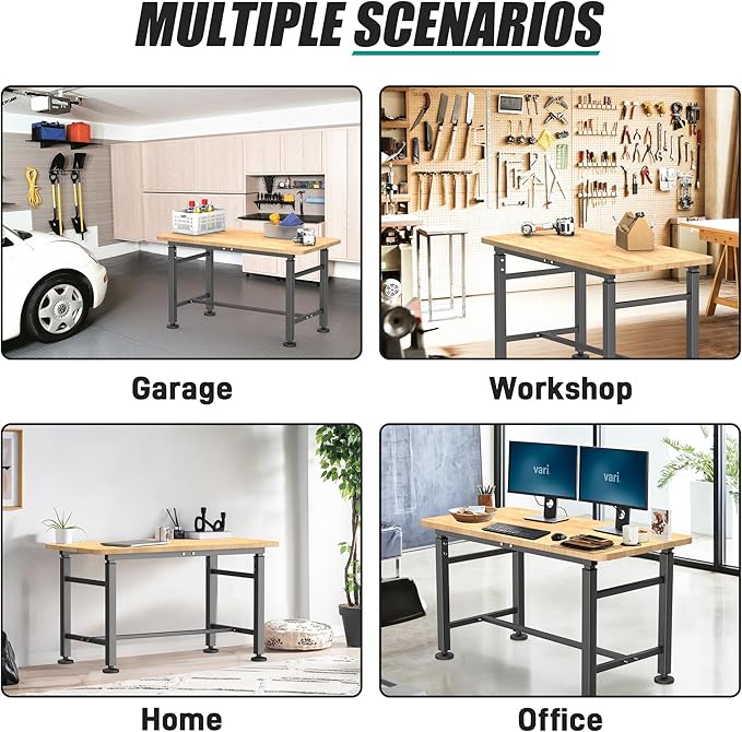 EVERHANGER Workbench for Garage, Adjustable Height Work Table, Heavy Duty Rubber Wood Top Workstation for Workshop, 47.5 x 23.5 Inch