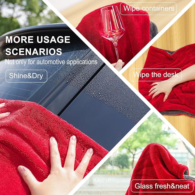 2 Pack XL Car Drying Towel – 1300GSM Ultra Absorbent Microfiber, 24"x36" Large Size, Twisted Loop, Lint-Free & Streak-Free for Auto Detailing, Car, SUV, Truck(Gray-RED)