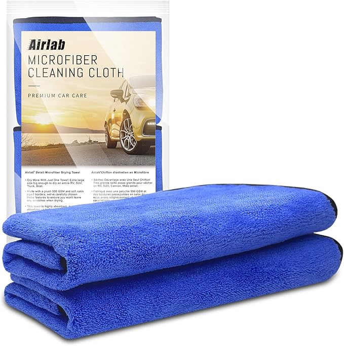 Airlab Microfiber Towels for Cars Wash Drying Thick Plush Cleaning Cloth Auto Detailing Super Absorbent for Interior & Exterior Lint Free, Streak Free, 35 x 24 Inch, 500 GSM, Pack of 2