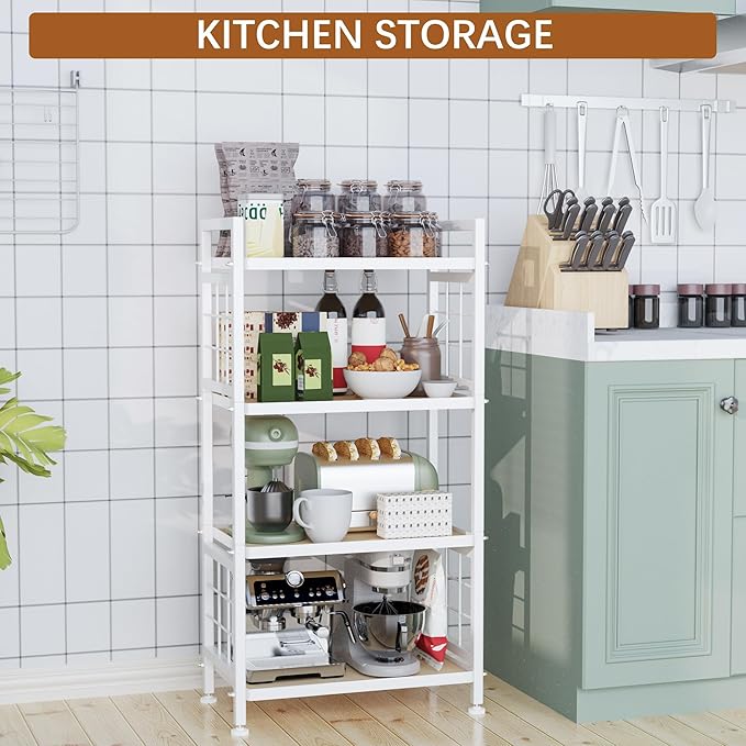 GIOTORENT 4-Tier Pantry Shelves with Wooden Boards, Heavy Duty Storage Shelves & Book Shelf, Adjustable Metal Shelving Unit for Kitchen Bathroom Laundry Organizer, Sturdy Rust-Resistant, White