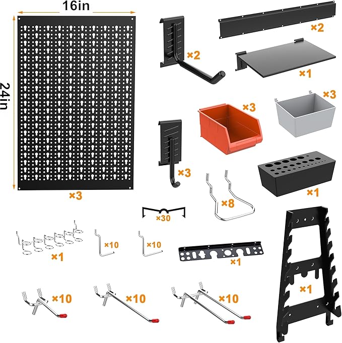 TORACK Metal Pegboard Wall Organizer for Garage, 109PCS Pegboard Accessories Organizer Kit with Pegboard Bins, Hooks, Peg Locks, Pegboard Storage System for Workbench, Garage, Shop, Shed(Black)