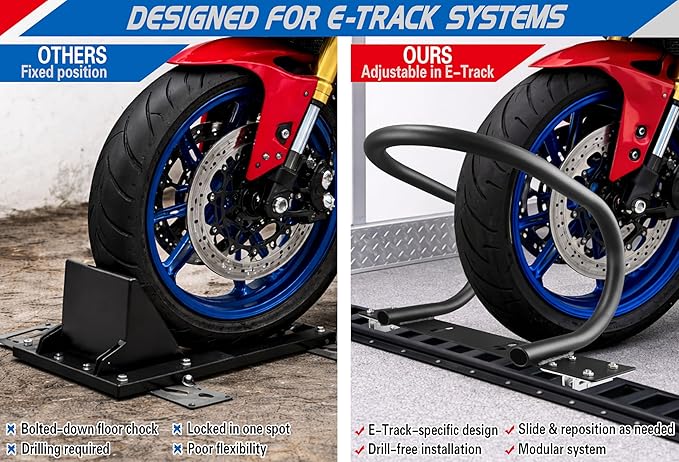 Heavy-Duty Steel 7" E-Track Motorcycle Wheel Chock,Adjustable Front Tire Stop for E-Track & X-Track Systems for Trailer & Cargo Transport Use (2 Pack)