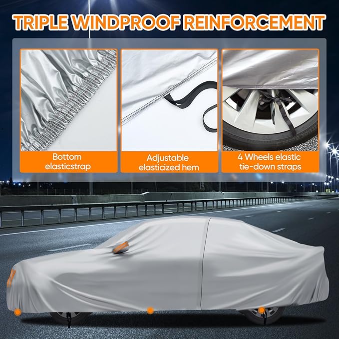 NEVERLAND Sedan Car Cover Waterproof Heavy Duty All Weather Protection Snow Anti-UV Windproof Outdoor Full Car Cover Fit for Automobiles BMW/Mercedes-Benz/Honda (185-196 inch)