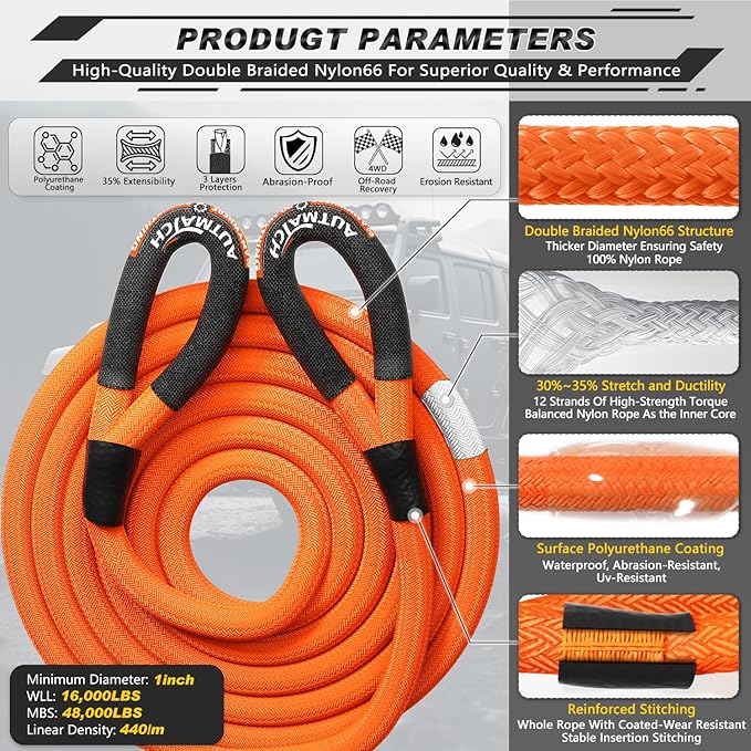 AUTMATCH Kinetic Recovery Tow Rope 1" x 20FT - Heavy Duty Offroad Snatch Strap 48000Lbs, 35% Elasticity Energy Recovery Tow Rope for 4x4 Off-Road Vehicle, Truck, Trailer, ATV, UTV, Orange