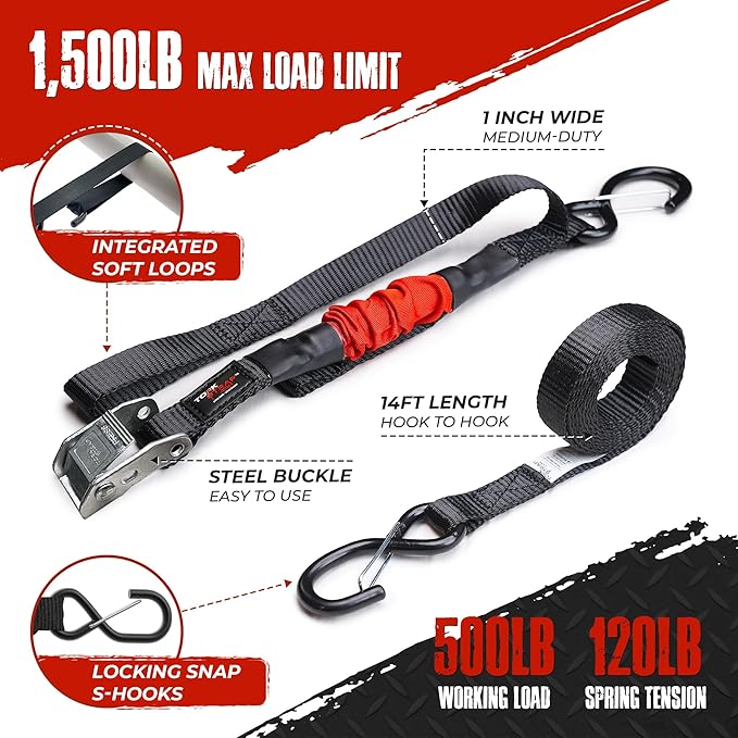 TorkStrap M500 | 14' x 1'' Self Tensioning Tie Down Straps - Automatically Adapt to Load Shifts - 1,500LB Break Strength - Pull Alternative to Ratchet Straps - Integrated Soft Loops & Hooks (8-PK)