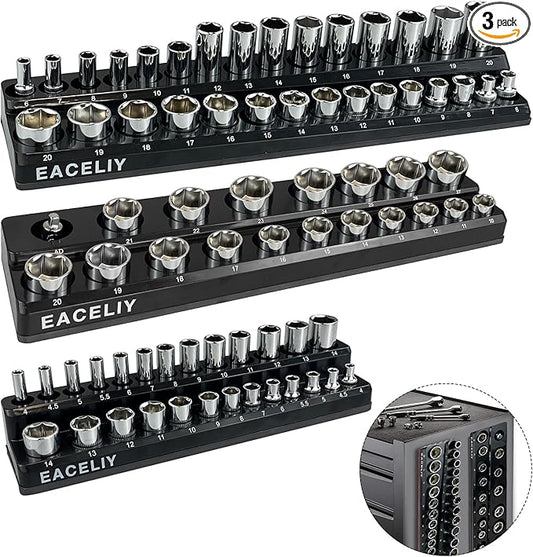 3Pcs 1/2", 1/4" and 3/8" Magnetic Socket Organizer Set,Metric Socket Holder Kit, Socket Trays，holds 75 Deep and Shallow 3/8" Sockets(sockets not included)