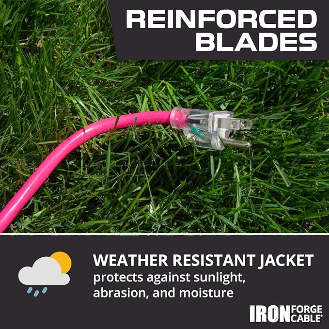 Iron Forge Cable Weatherproof 25 Ft Outdoor Extension Cord - 16/3 SJTW 13 Amp Heavy Duty Neon Pink Extension Cord 3 Prong - Lighted End