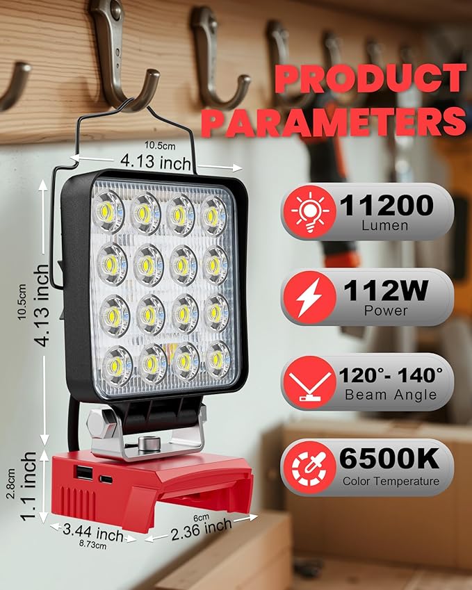LIVOWALNY Portable LED Work Light Compatible with Milwaukee Battery, 112W 11200LM Flashlight with Low Voltage Protection and USB & Type C Charger Port, Handheld Flood Light for Construction, Emergency