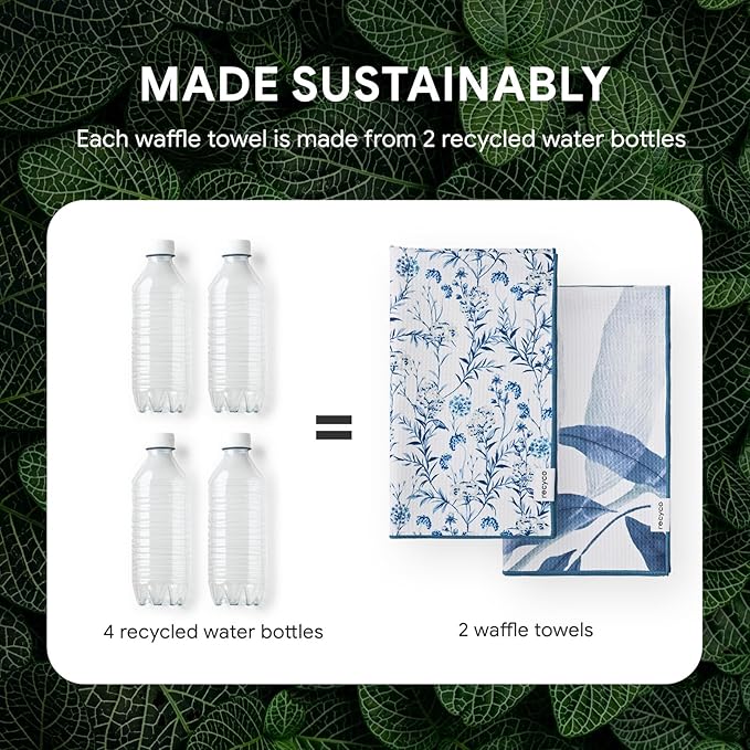 RECYCO Waffle Kitchen Towel Set of 2 - Quick Dry Microfiber Sustainable Dish Towels - Ultra Absorbent Reusable Cleaning Tea Towels - Lightweight Hand Towels,16”x 28”, Stormy Blue