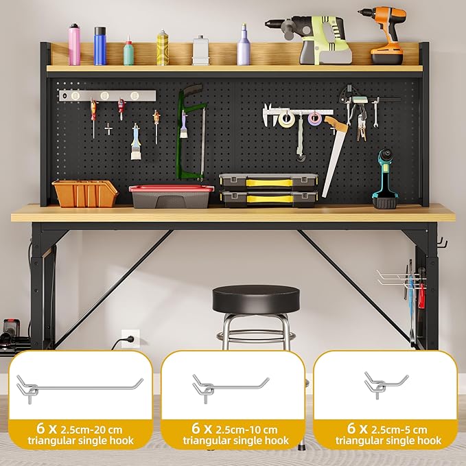 DWVO Adjustable Workbench with Pegboard 48", Heavy Duty Wood Top Work Bench with Wheels, 1600 LBS Load Capacity, Rolling Work Table with AC/USB Outlet, Hooks, Rack for Garage, Workshop, Office, Home