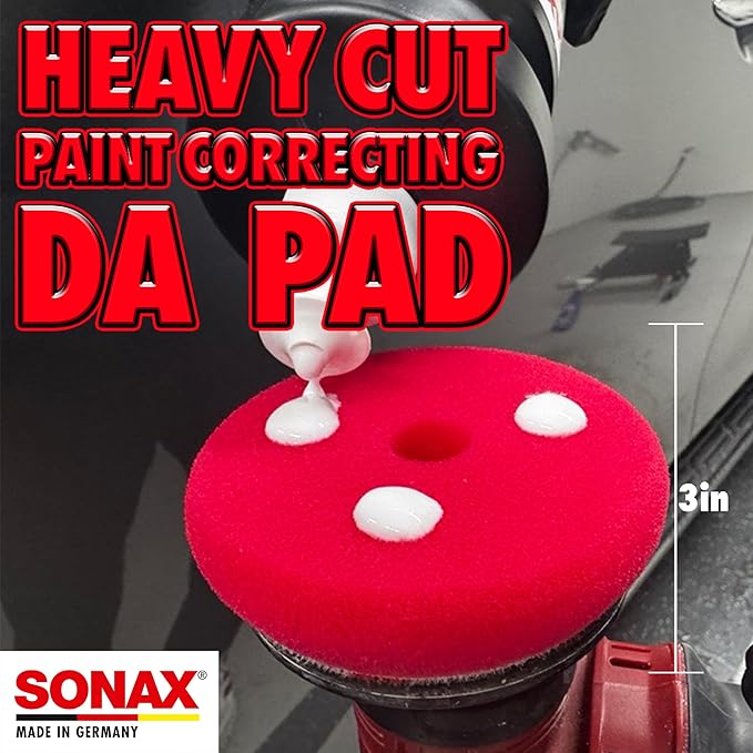 SONAX Red Hard Cutting/Polishing Pad 493100 | Heavy-Duty Foam Pad for Swirl & Scratch Removal | Ideal for Aggressive Paint Correction | for Dual Action & Rotary Polishers | 494200 | 4 Pack, 3-Inch