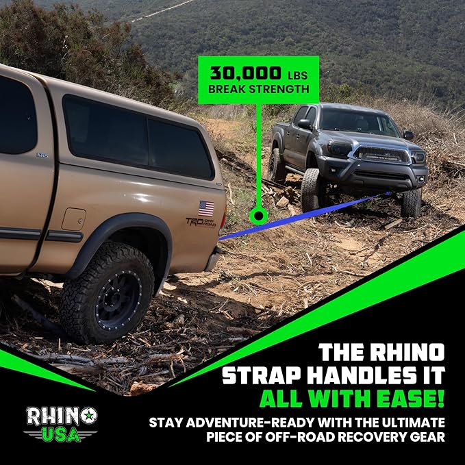 Rhino USA Recovery Tow Strap (3"x30') - 31,518lb Break Strength- Emergency Recovery Strap Tow Rope for Truck, UTV, ATV & More- Heavy Duty Towing Strap for Offroad 4x4 Use - Compatible with Jeep (Blue)