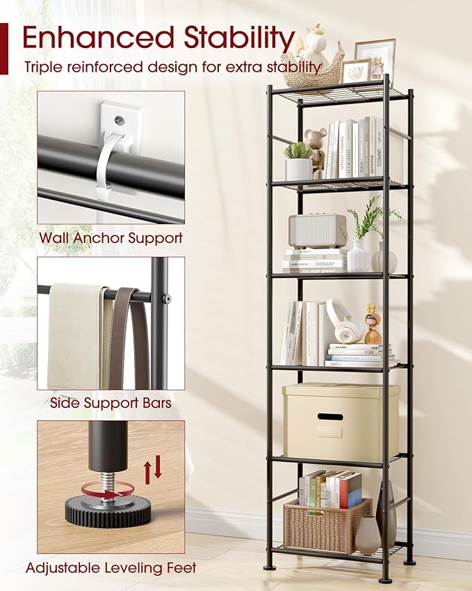 Sakugi 6-Tier Metal Storage Shelves - Slim Shelf Organizer with Reinforced Side Bars, Spacious Storage for Kitchen, Bathroom, and Laundry Room Organization, 18.2" x 12.5" x 70.1", Black